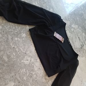 Black Crop with Sheer Balloon Sleeves